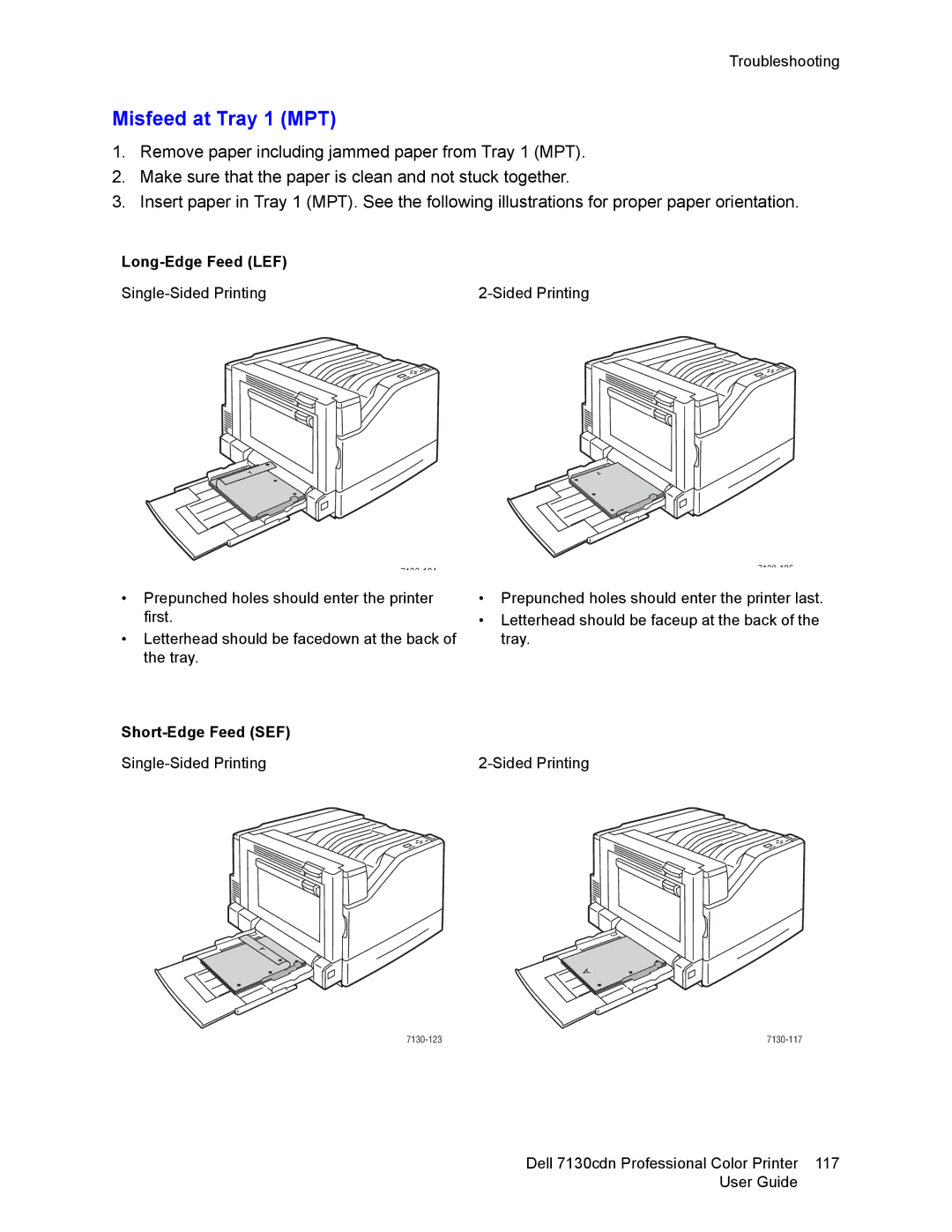 Dell 7130cdn manual Misfeed at Tray 1 MPT, Long-Edge Feed LEF 