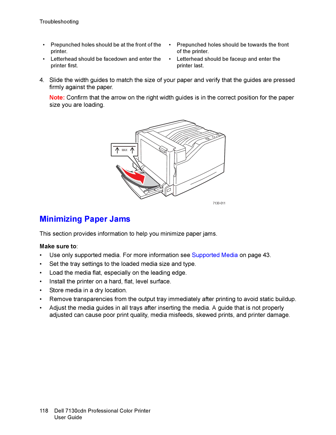 Dell 7130cdn manual Minimizing Paper Jams, Make sure to 