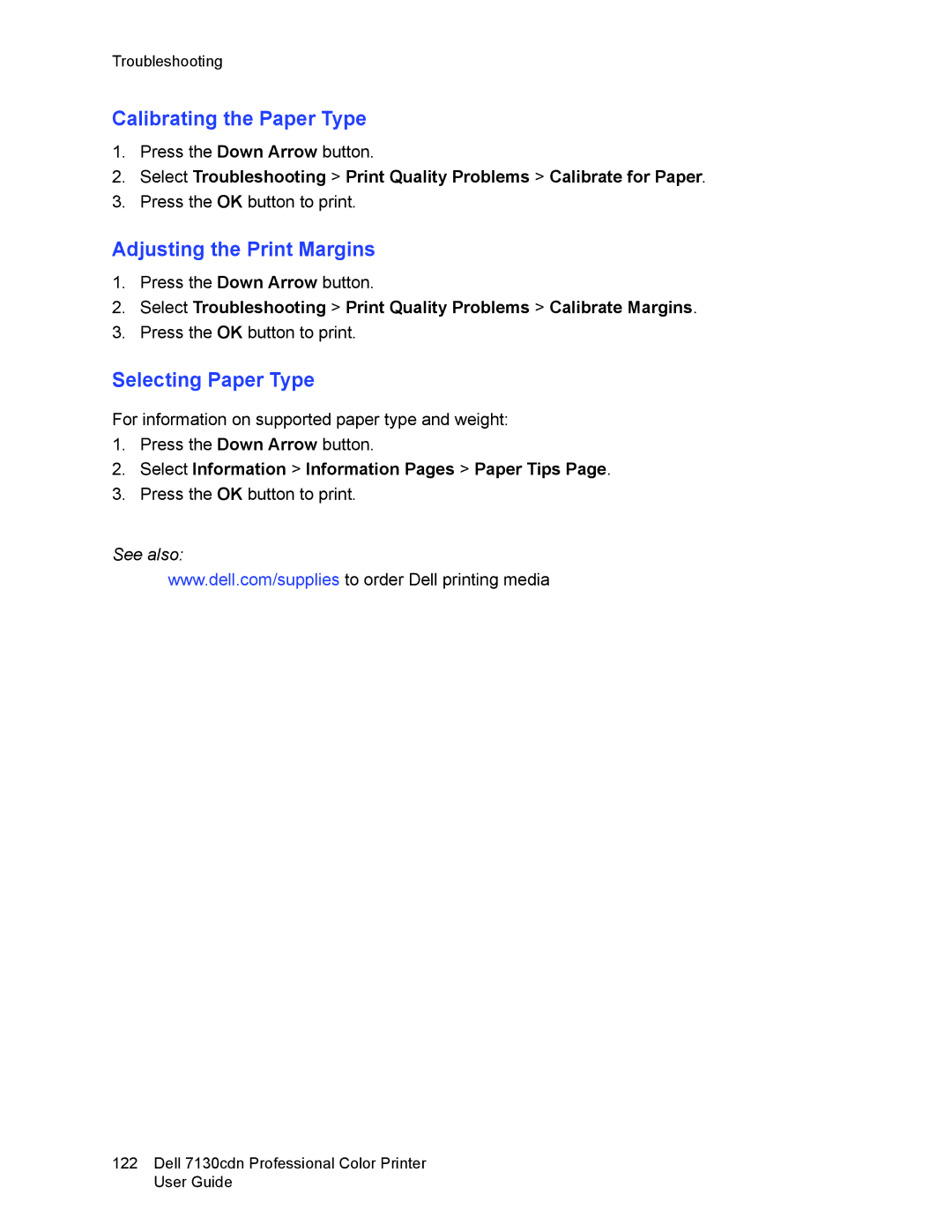 Dell 7130cdn manual Calibrating the Paper Type, Adjusting the Print Margins, Selecting Paper Type 