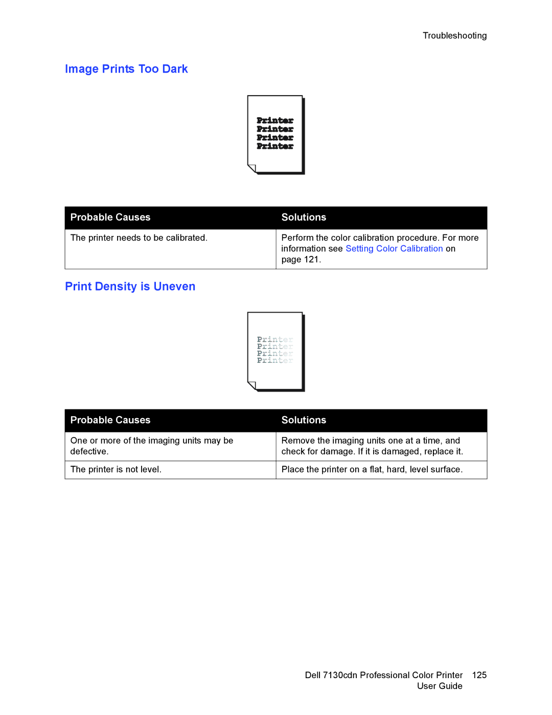 Dell 7130cdn manual Image Prints Too Dark, Print Density is Uneven 