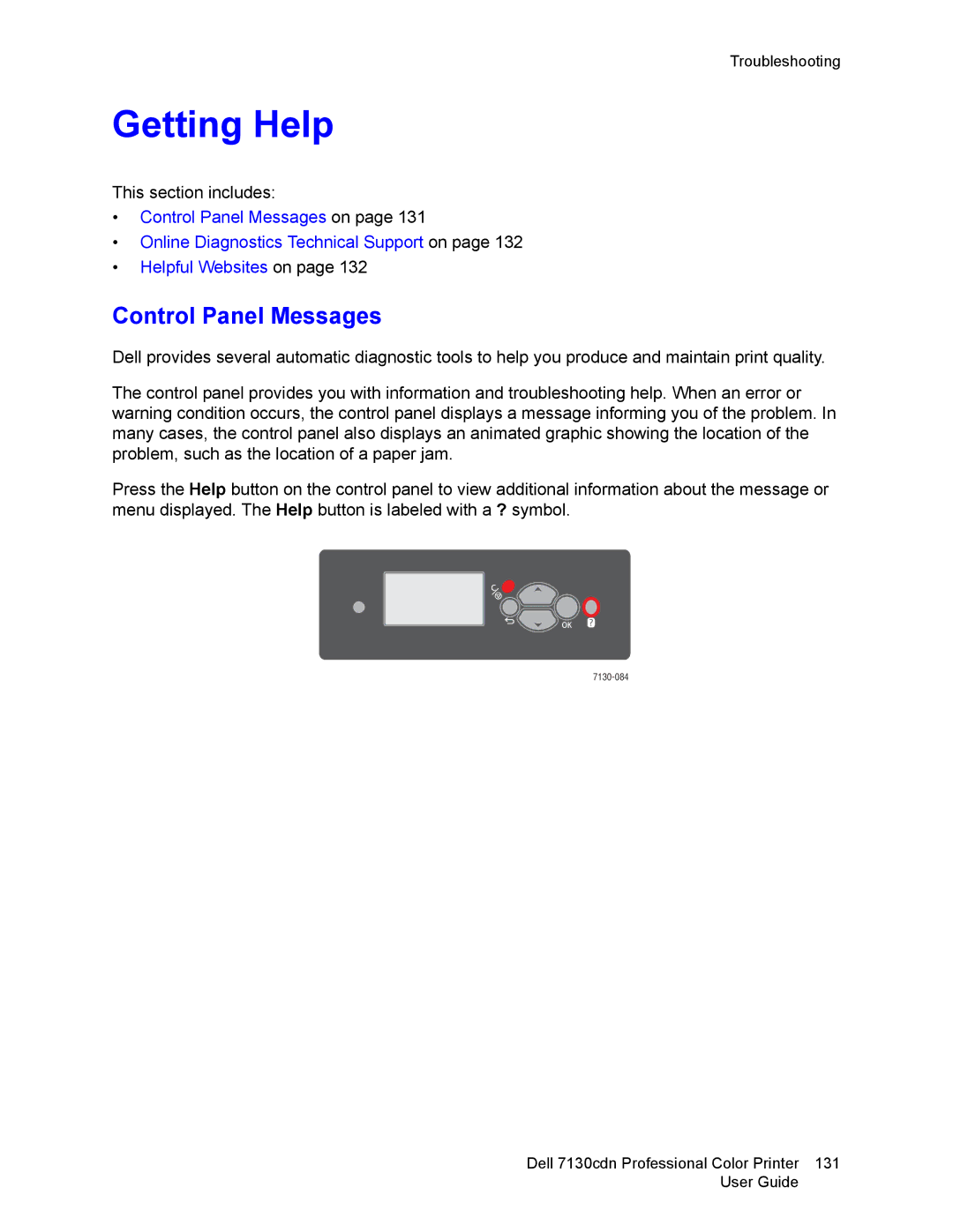 Dell 7130cdn manual Getting Help, Control Panel Messages 