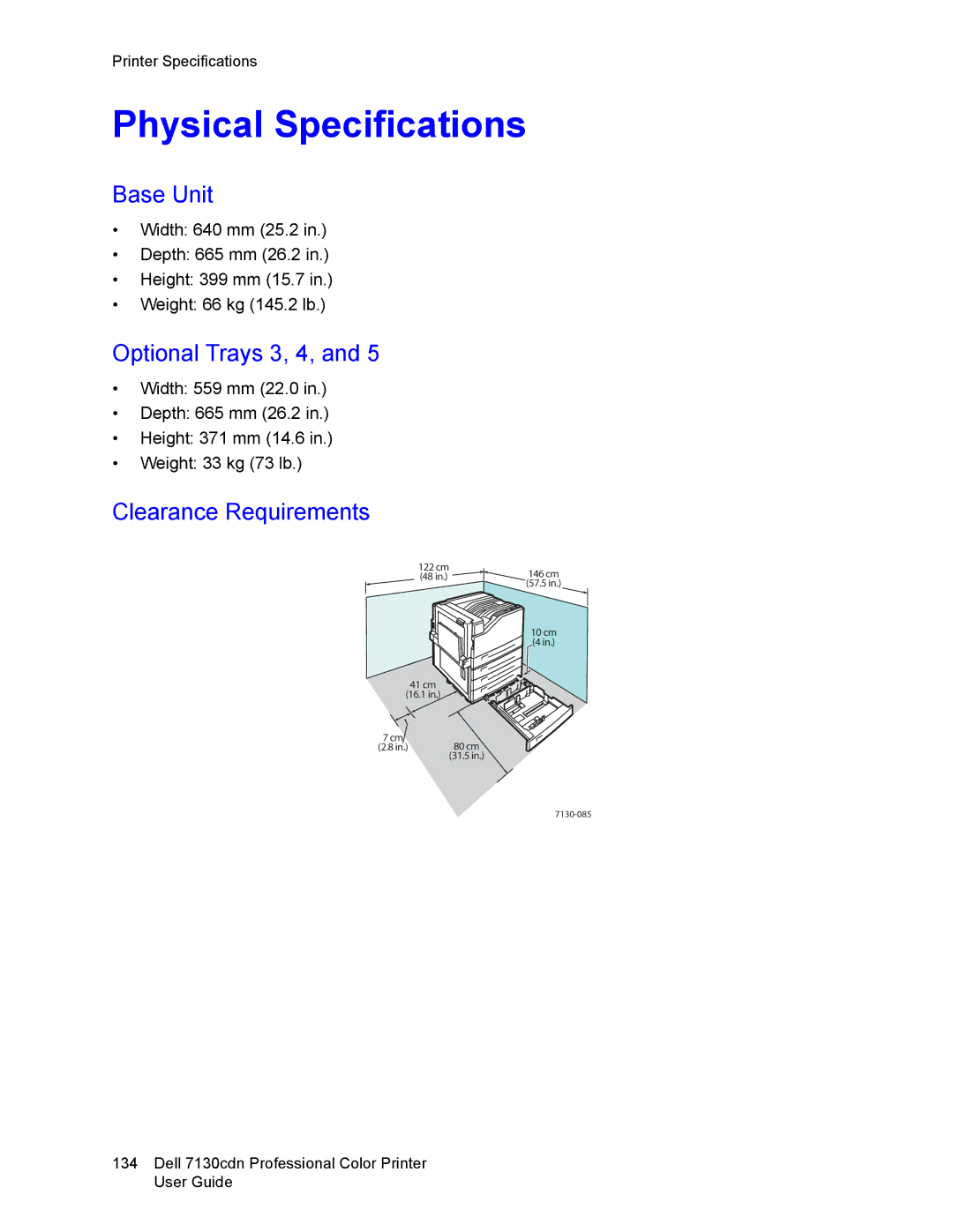 Dell 7130cdn manual Physical Specifications, Base Unit, Optional Trays 3, 4, Clearance Requirements 