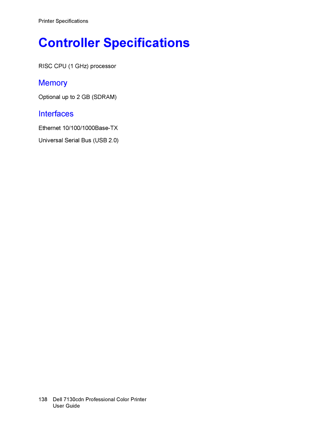 Dell 7130cdn manual Controller Specifications, Memory, Interfaces 