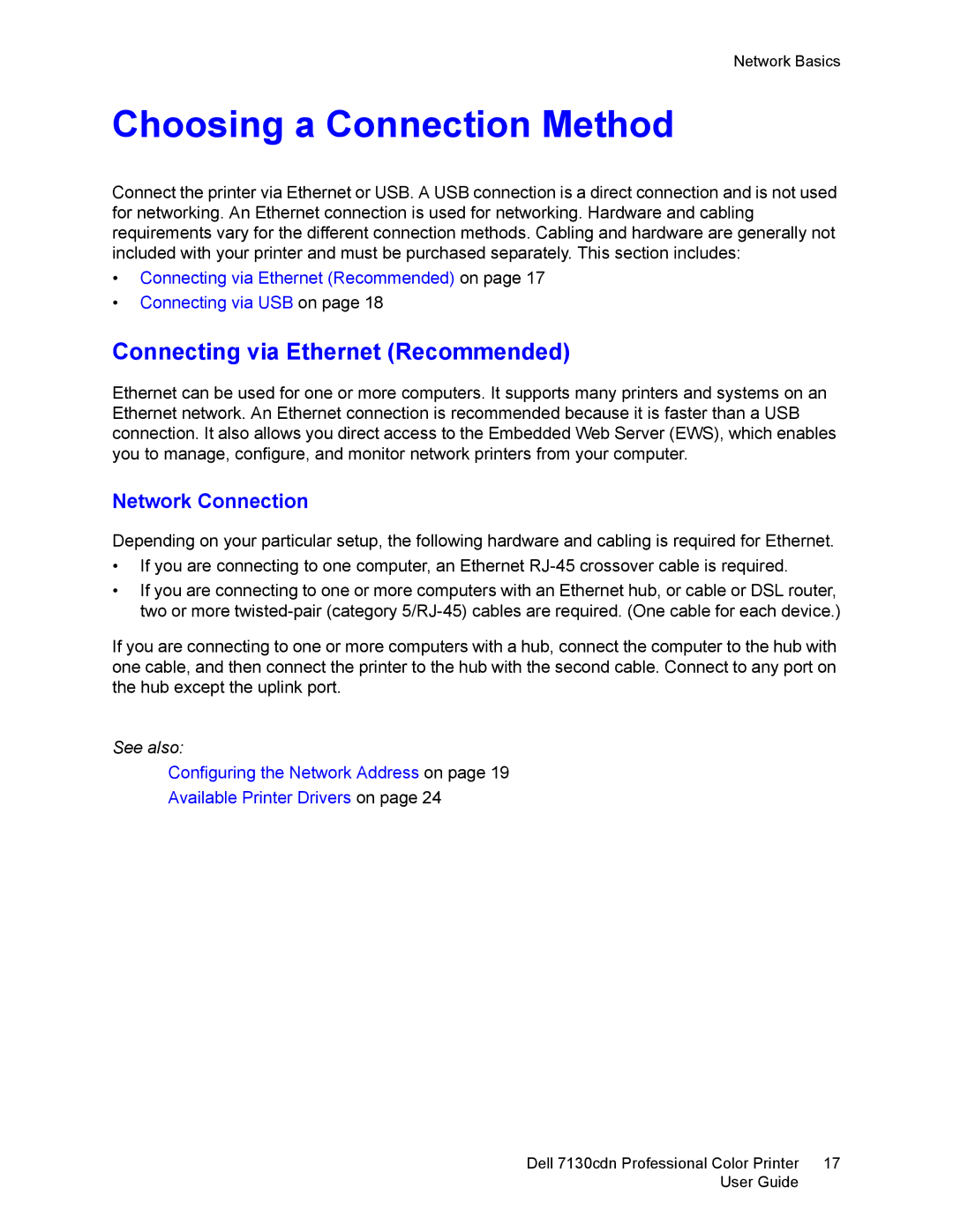 Dell 7130cdn manual Choosing a Connection Method, Connecting via Ethernet Recommended, Network Connection 