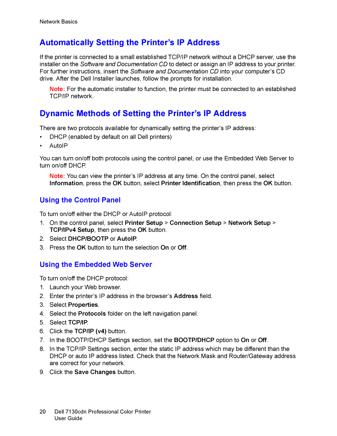 Dell 7130cdn manual Automatically Setting the Printer’s IP Address, Dynamic Methods of Setting the Printer’s IP Address 