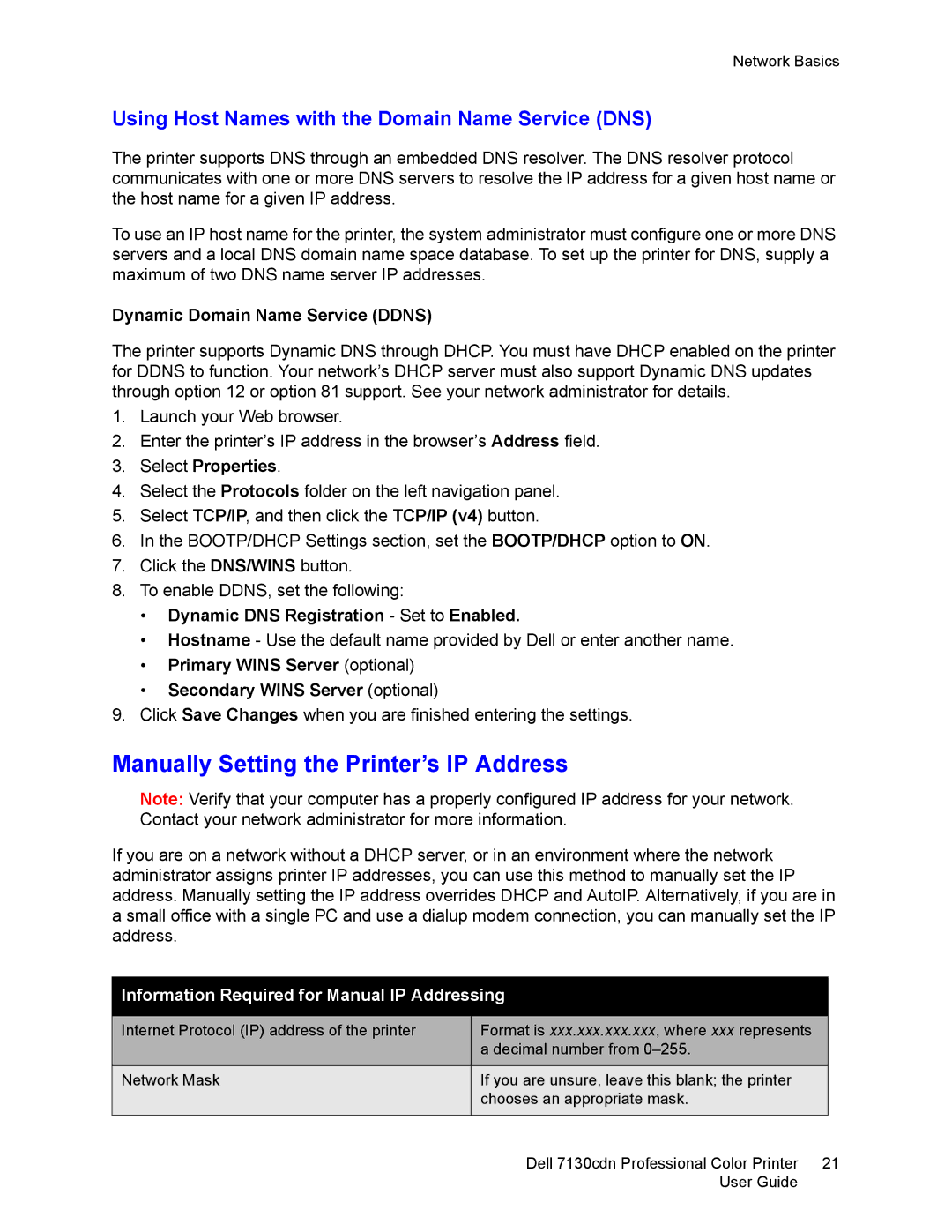 Dell 7130cdn manual Manually Setting the Printer’s IP Address, Using Host Names with the Domain Name Service DNS 