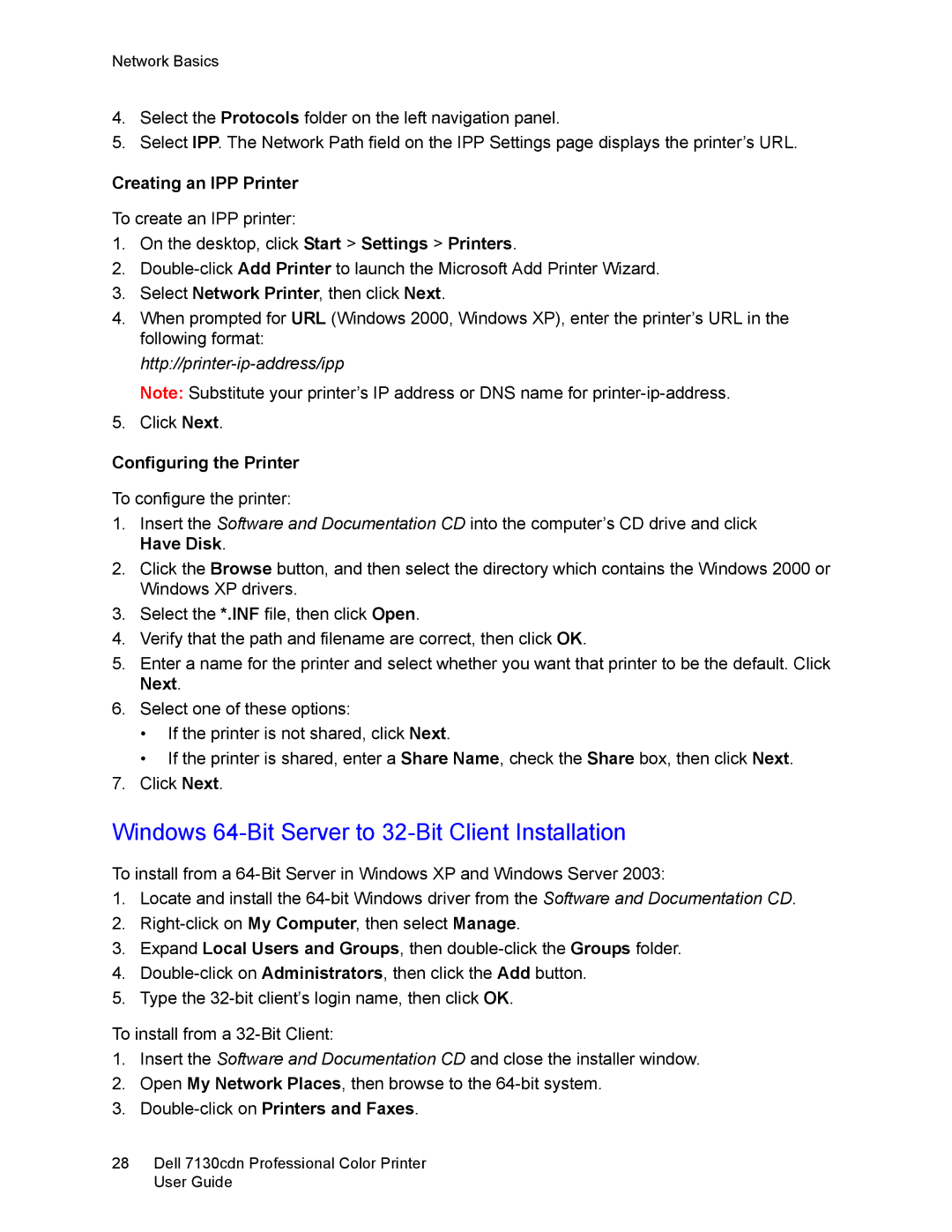 Dell 7130cdn manual Windows 64-Bit Server to 32-Bit Client Installation, Creating an IPP Printer 
