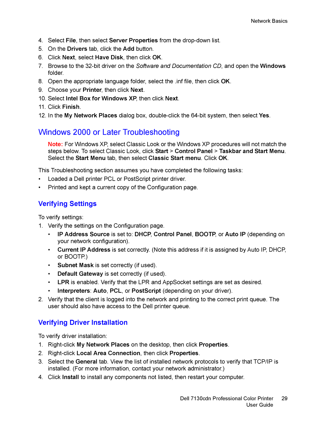 Dell 7130cdn manual Windows 2000 or Later Troubleshooting, Verifying Settings, Verifying Driver Installation 