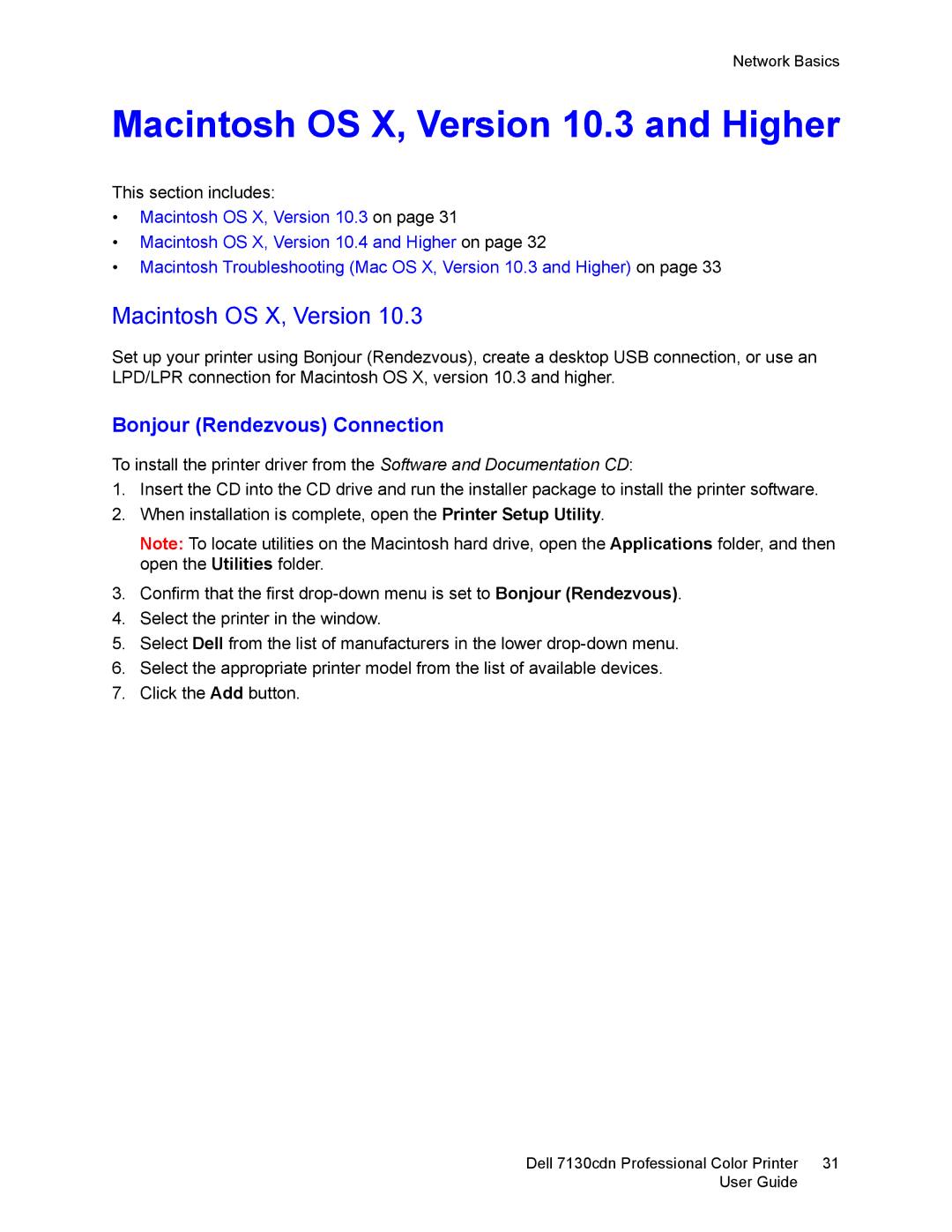 Dell 7130cdn manual Macintosh OS X, Version 10.3 and Higher, Bonjour Rendezvous Connection 