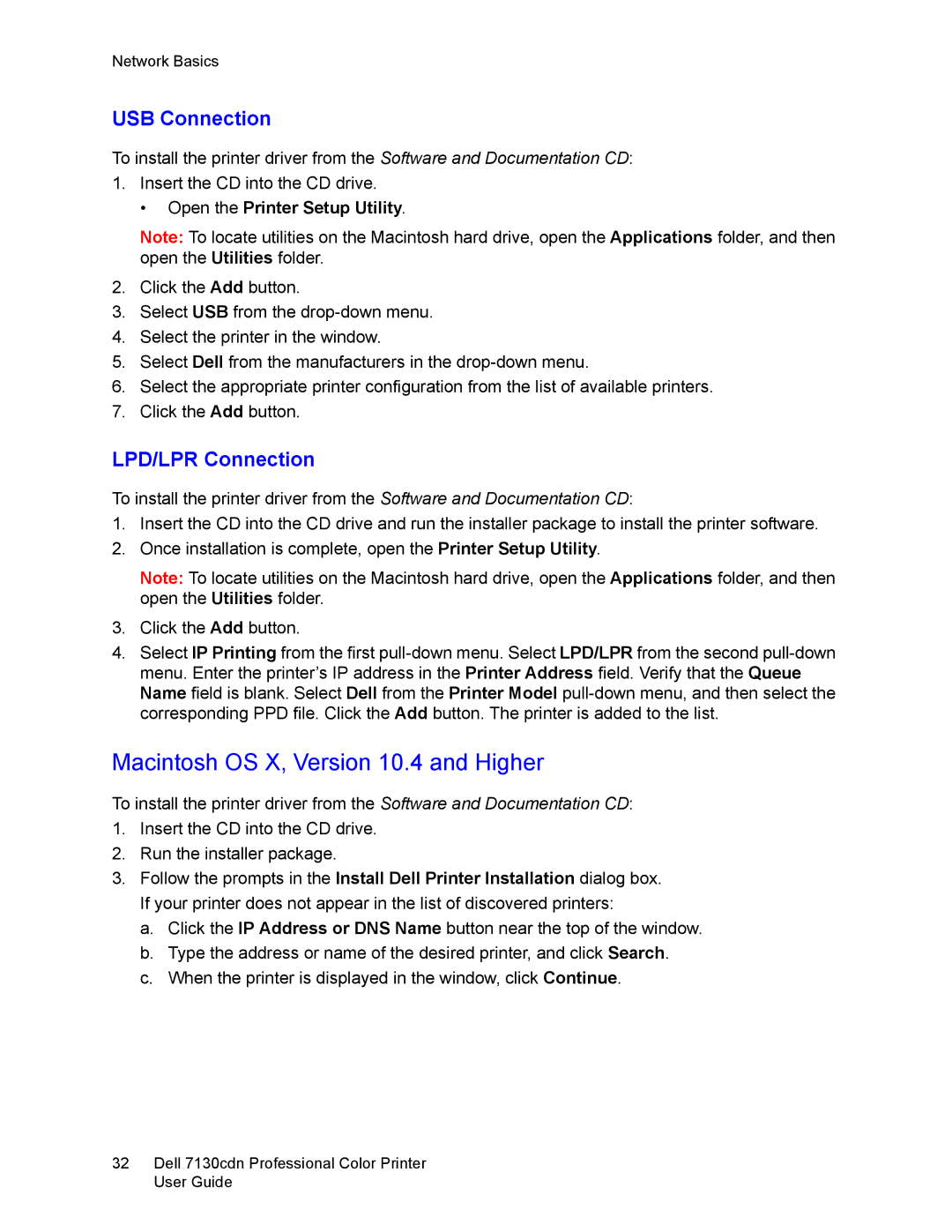 Dell 7130cdn manual Macintosh OS X, Version 10.4 and Higher, LPD/LPR Connection, Open the Printer Setup Utility 