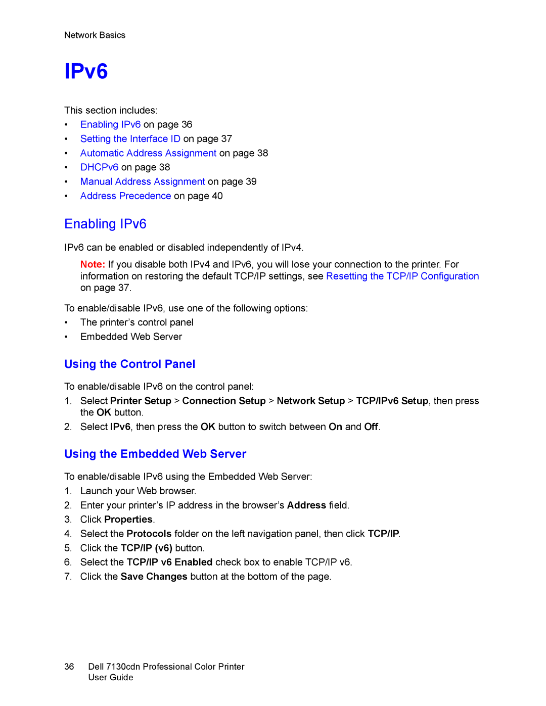 Dell 7130cdn manual Enabling IPv6 