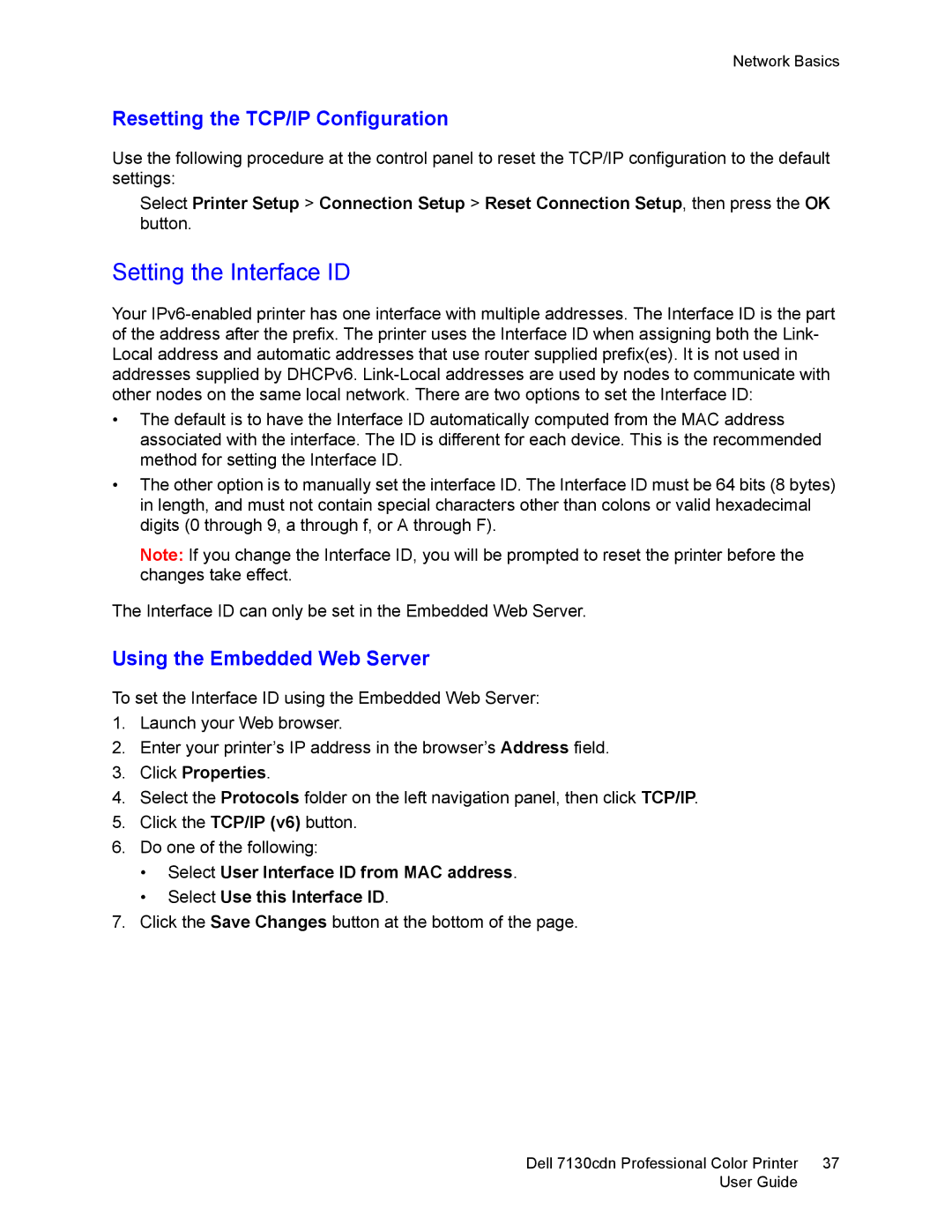 Dell 7130cdn manual Setting the Interface ID, Resetting the TCP/IP Configuration 