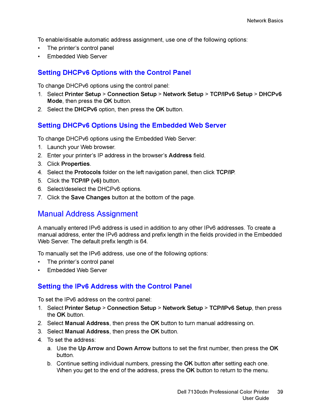 Dell 7130cdn manual Manual Address Assignment, Setting DHCPv6 Options with the Control Panel 