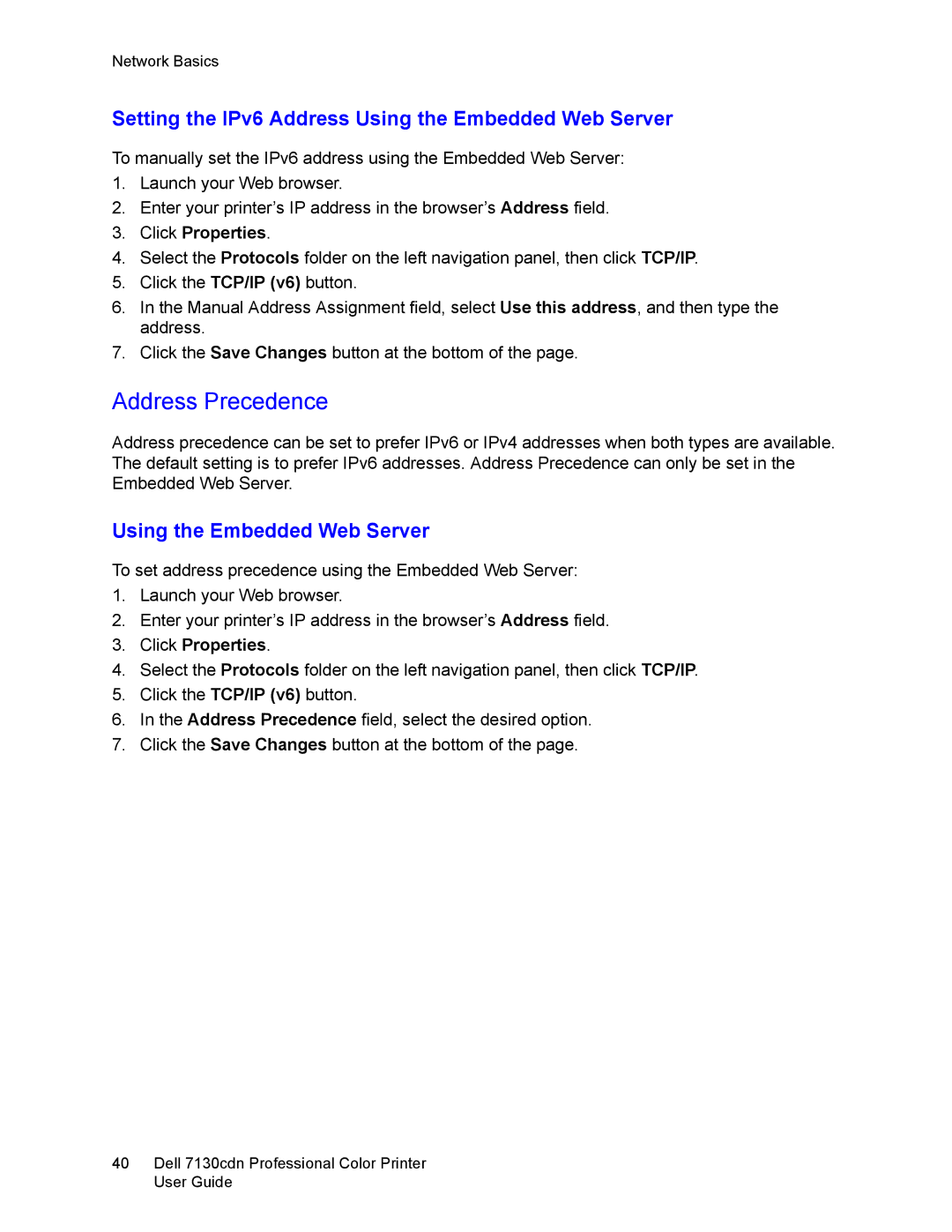 Dell 7130cdn manual Address Precedence, Setting the IPv6 Address Using the Embedded Web Server 