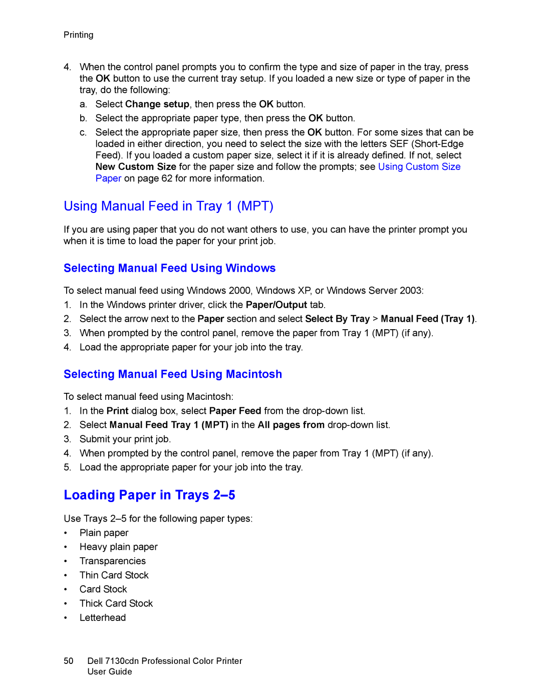 Dell 7130cdn manual Using Manual Feed in Tray 1 MPT, Loading Paper in Trays, Selecting Manual Feed Using Windows 
