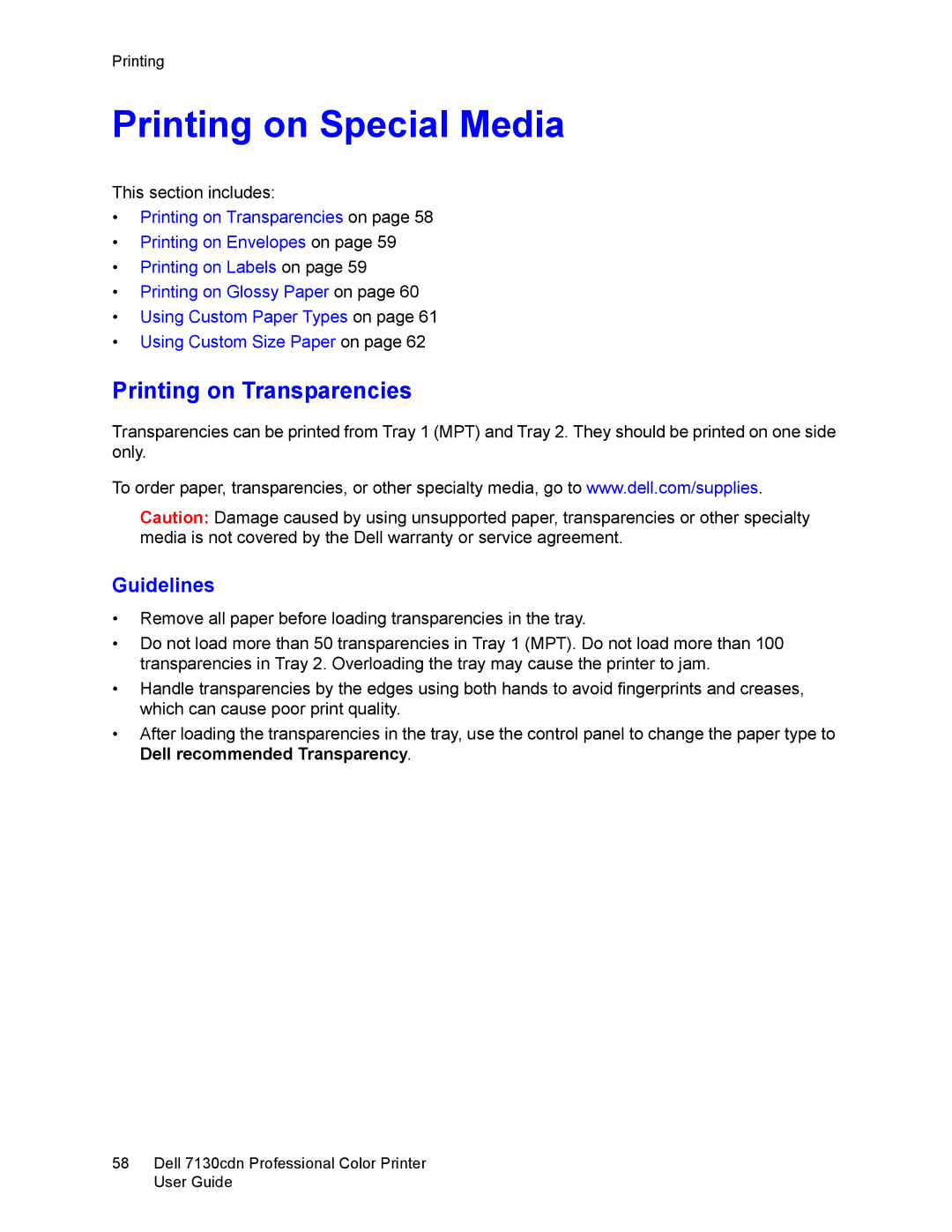 Dell 7130cdn manual Printing on Special Media, Printing on Transparencies, Guidelines 