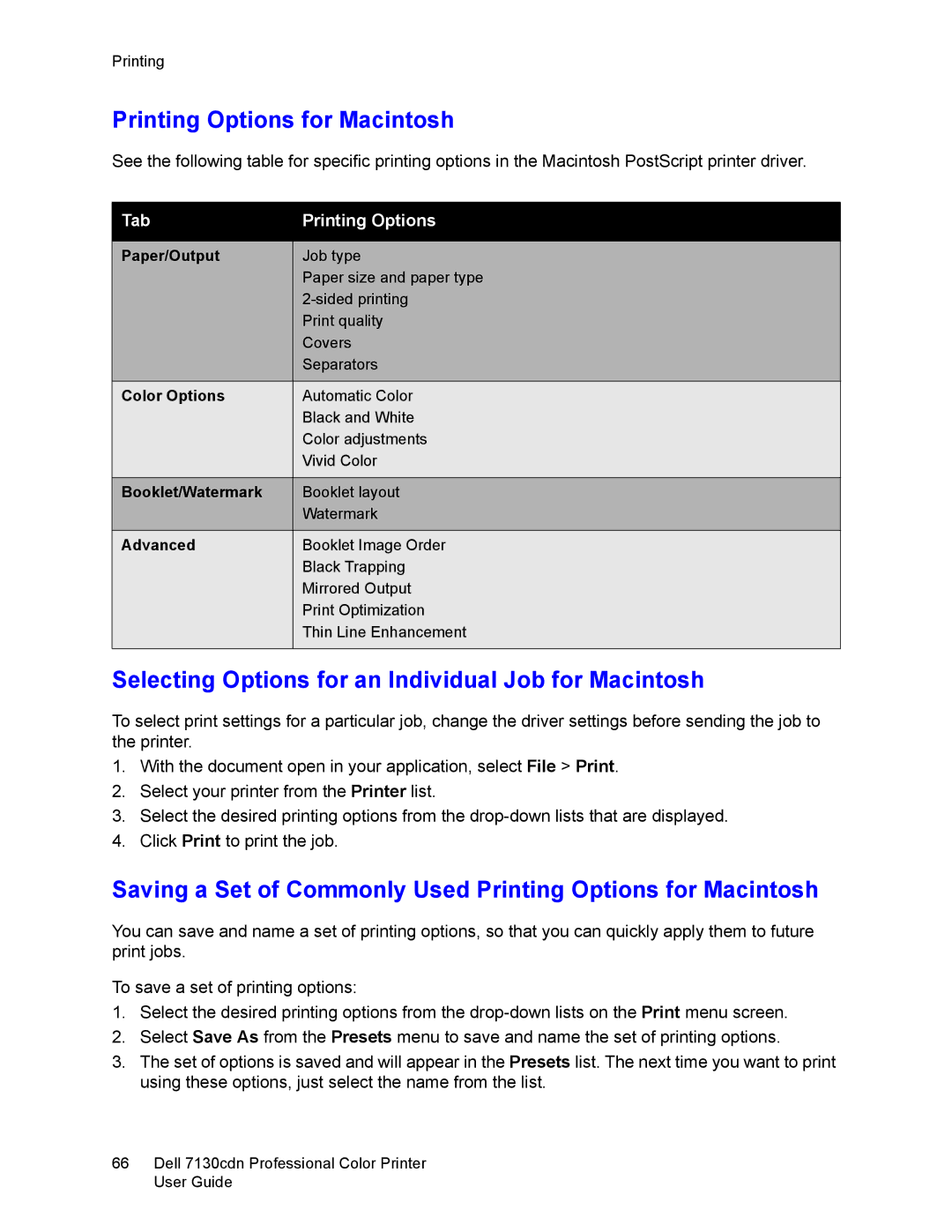 Dell 7130cdn manual Printing Options for Macintosh, Selecting Options for an Individual Job for Macintosh 