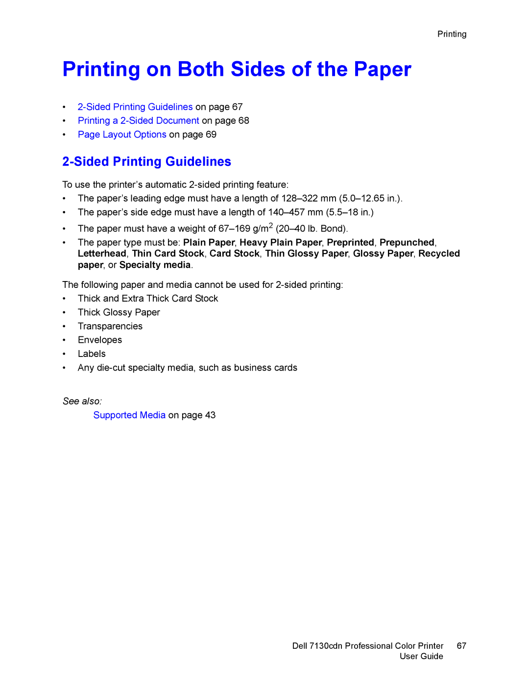 Dell 7130cdn manual Printing on Both Sides of the Paper, Sided Printing Guidelines 