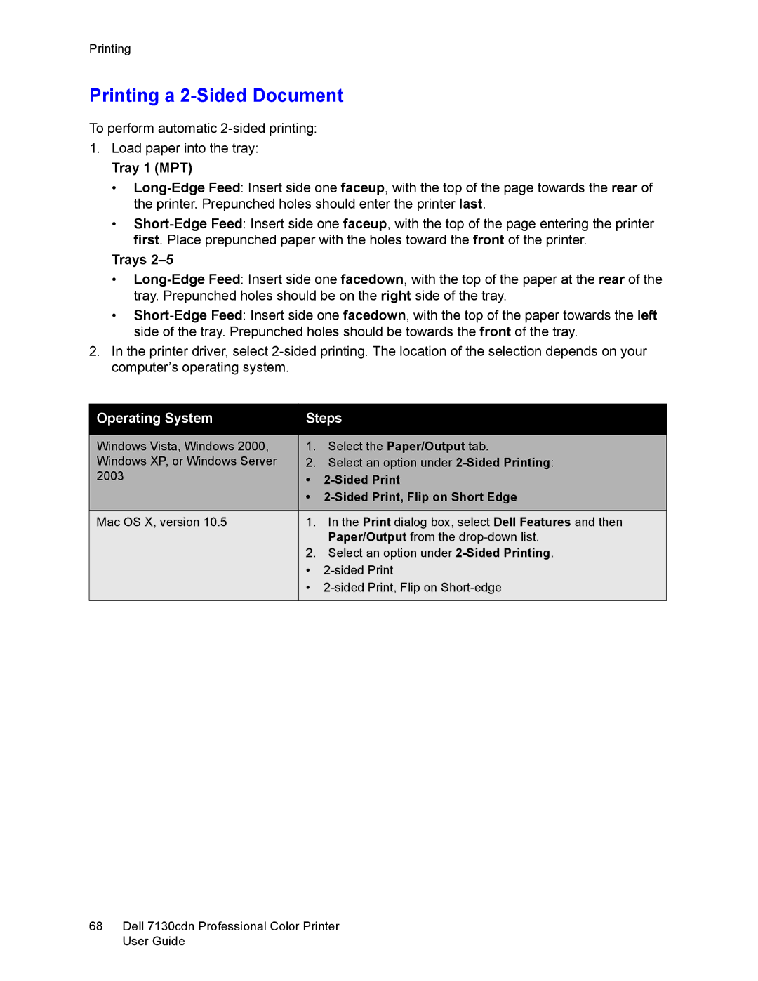 Dell 7130cdn manual Printing a 2-Sided Document, Tray 1 MPT, Trays, Operating System Steps 