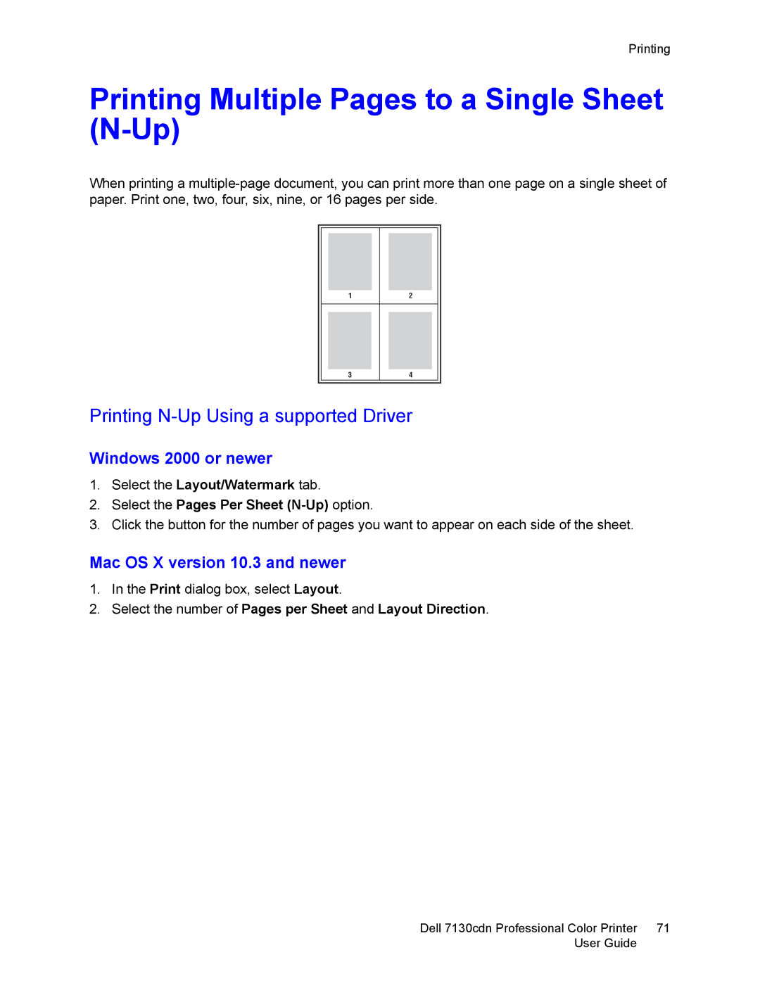 Dell 7130cdn Printing Multiple Pages to a Single Sheet N-Up, Printing N-Up Using a supported Driver, Windows 2000 or newer 