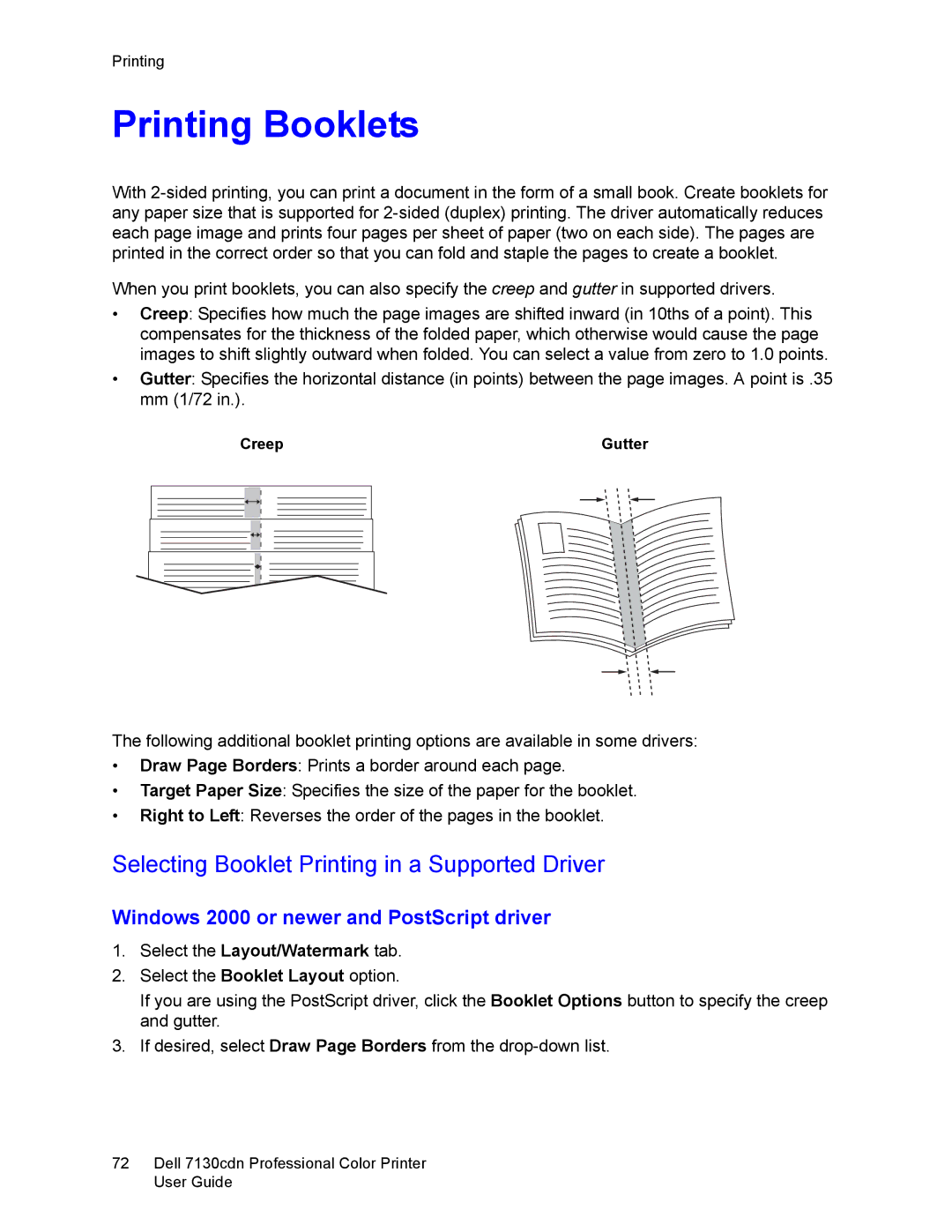 Dell 7130cdn manual Printing Booklets, Selecting Booklet Printing in a Supported Driver, Select the Layout/Watermark tab 