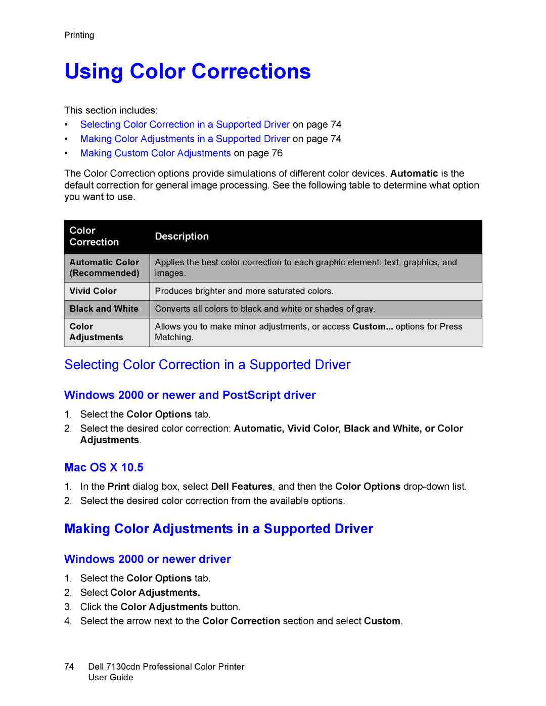 Dell 7130cdn manual Using Color Corrections, Selecting Color Correction in a Supported Driver, Windows 2000 or newer driver 