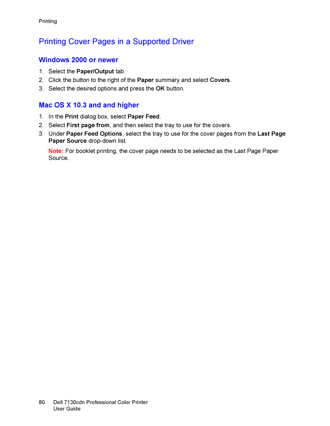 Dell 7130cdn manual Printing Cover Pages in a Supported Driver, Mac OS X 10.3 and and higher 