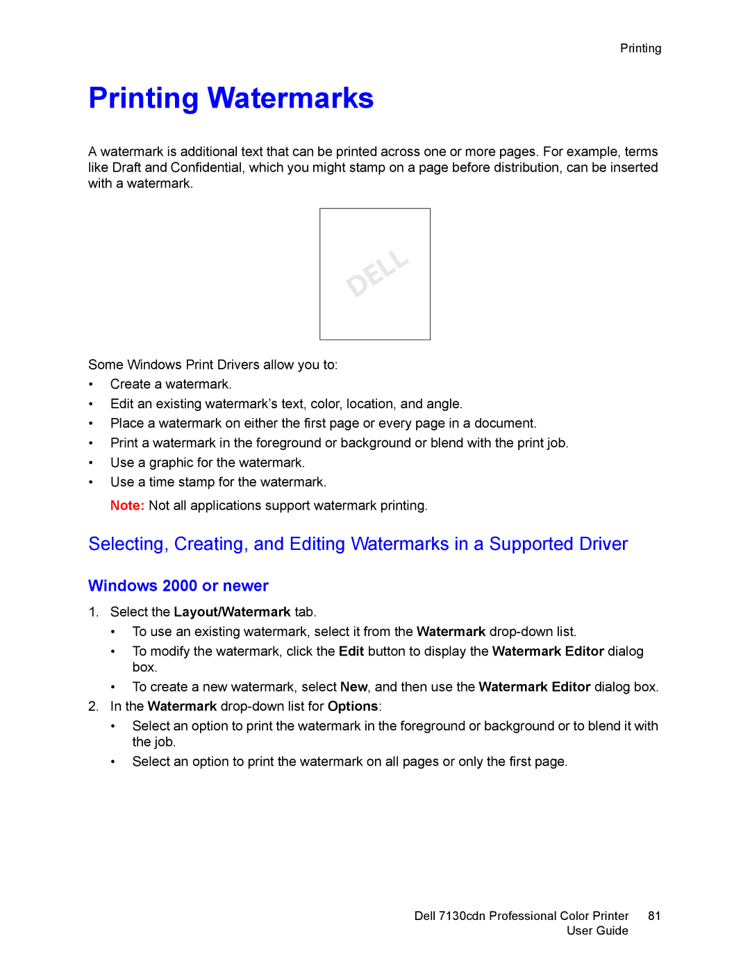 Dell 7130cdn manual Printing Watermarks, Select the Layout/Watermark tab 