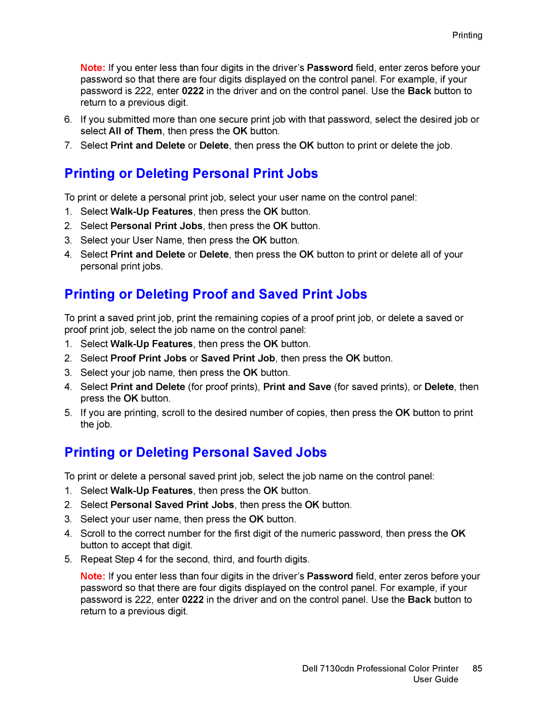 Dell 7130cdn manual Printing or Deleting Personal Print Jobs, Printing or Deleting Proof and Saved Print Jobs 