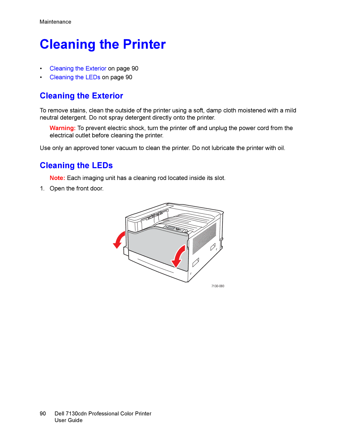 Dell 7130cdn manual Cleaning the Printer, Cleaning the Exterior, Cleaning the LEDs 