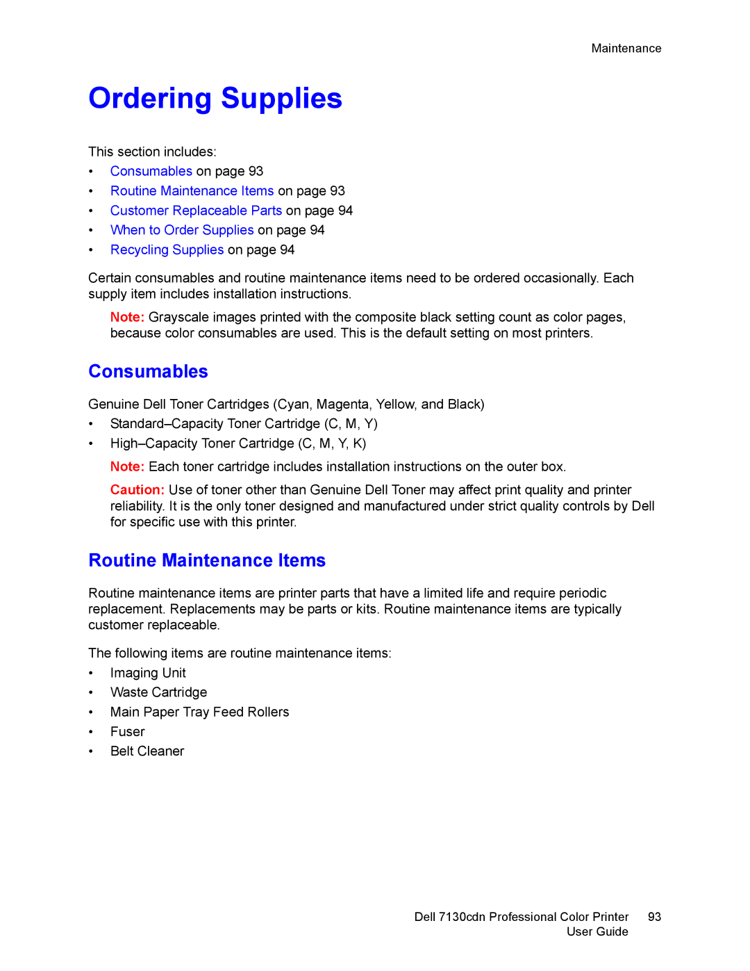 Dell 7130cdn manual Ordering Supplies, Consumables, Routine Maintenance Items 