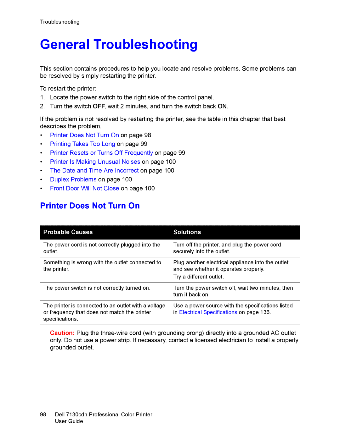 Dell 7130cdn manual General Troubleshooting, Printer Does Not Turn On, Probable Causes Solutions 