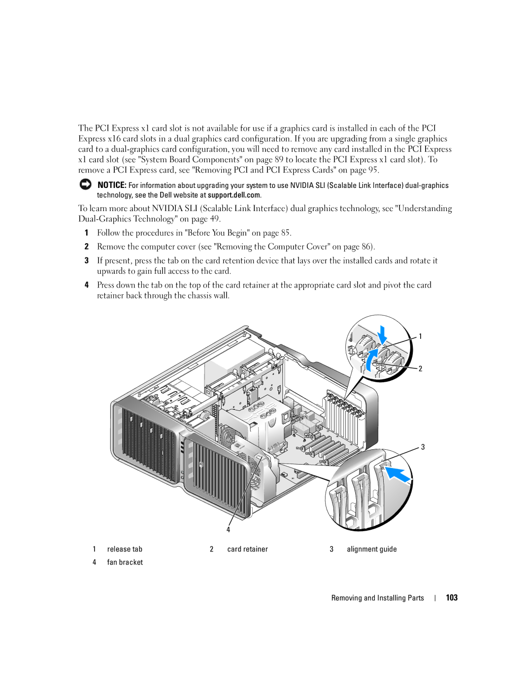 Dell XPS 720 owner manual 103, Fan bracket Removing and Installing Parts 