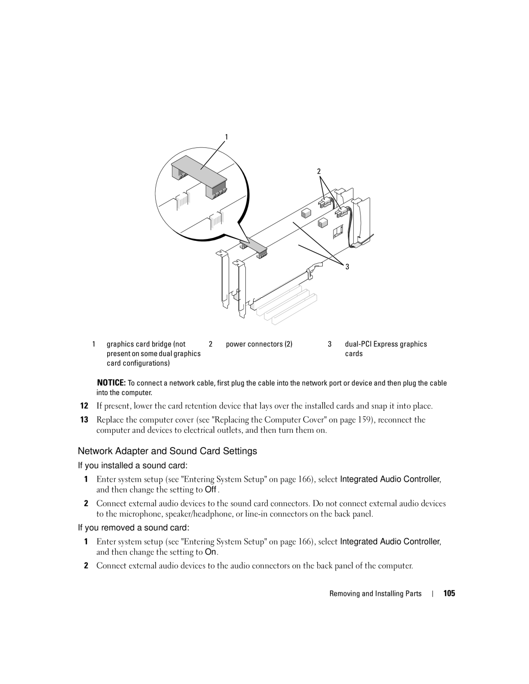 Dell XPS 720 Network Adapter and Sound Card Settings, If you installed a sound card, If you removed a sound card, 105 