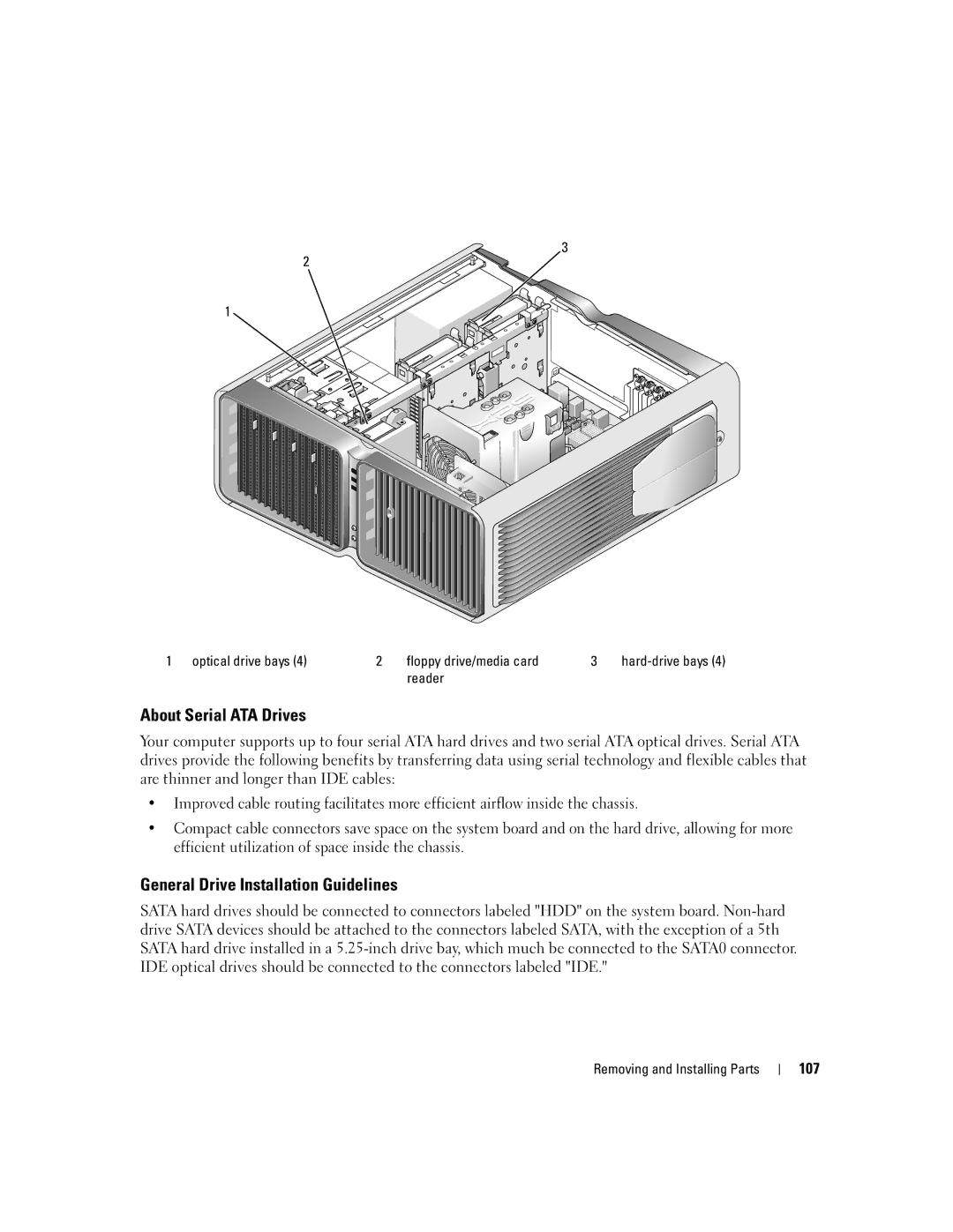 Dell XPS 720 owner manual About Serial ATA Drives, General Drive Installation Guidelines, 107 