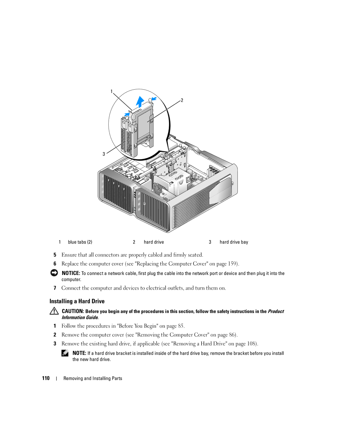 Dell XPS 720 owner manual Installing a Hard Drive, 110, Blue tabs Hard drive 