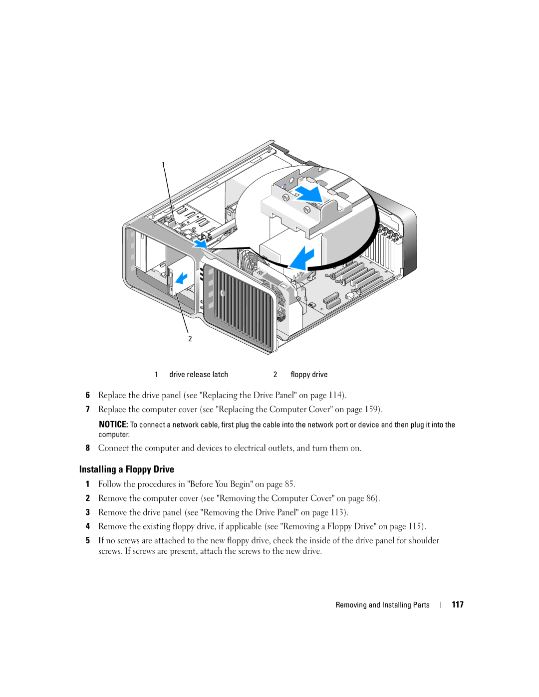 Dell XPS 720 owner manual Installing a Floppy Drive, 117, Drive release latch 