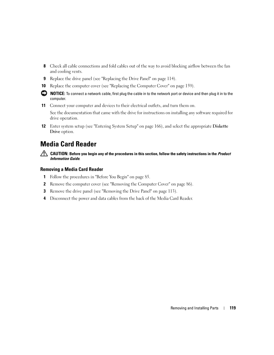 Dell XPS 720 owner manual Removing a Media Card Reader, 119 