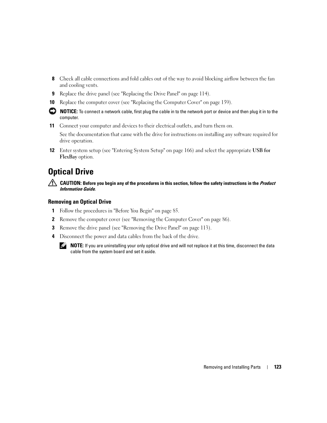 Dell XPS 720 owner manual Removing an Optical Drive, 123 