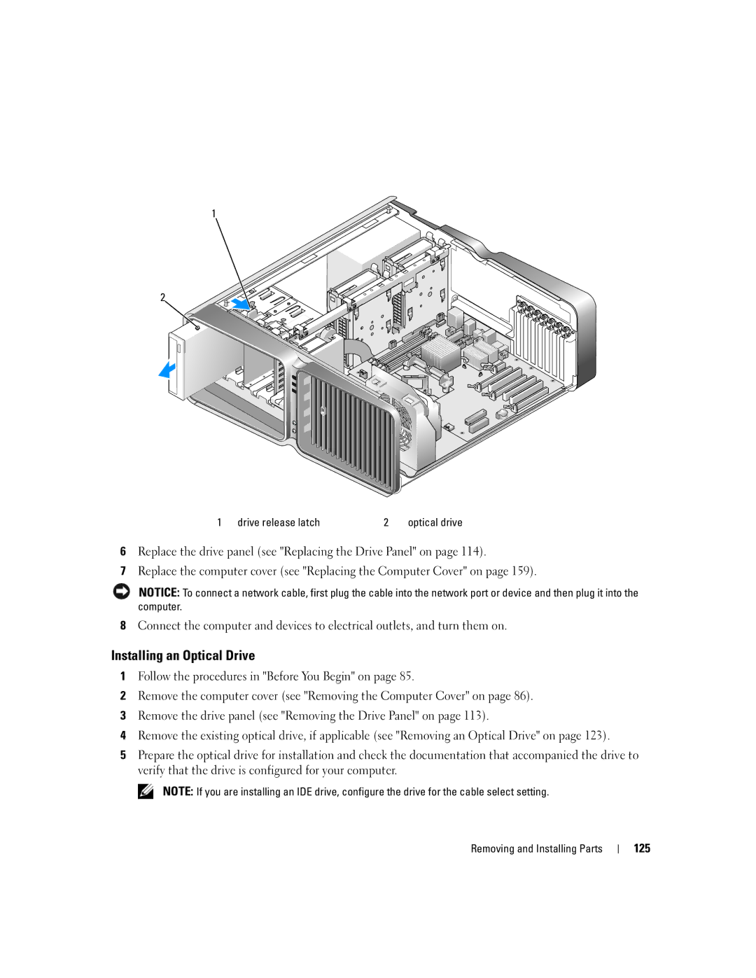 Dell XPS 720 owner manual Installing an Optical Drive, 125 