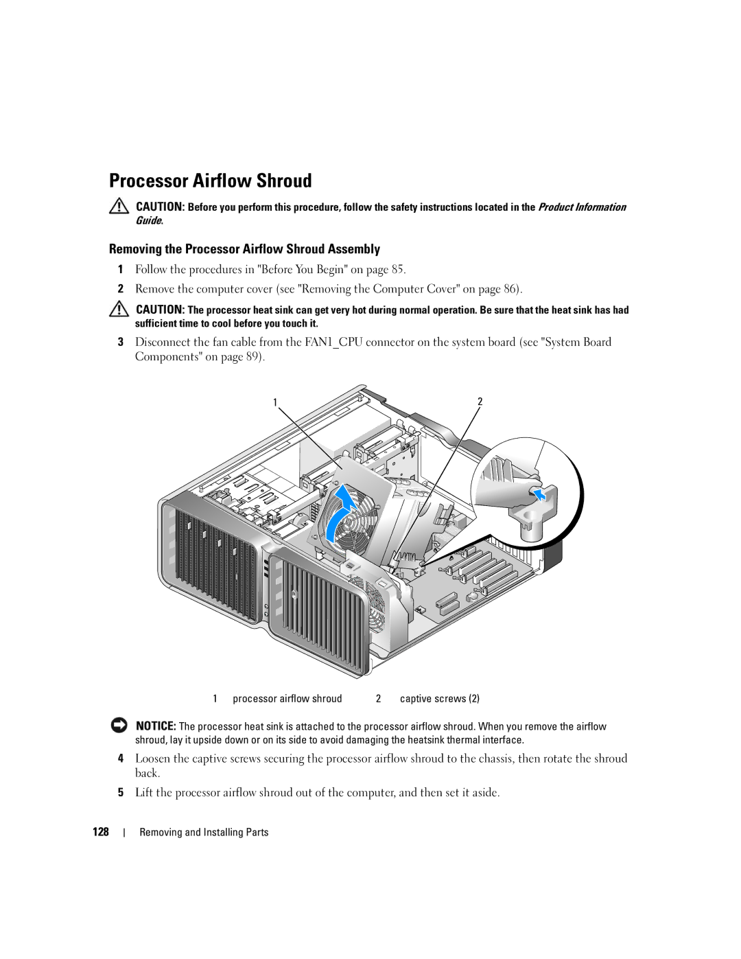 Dell XPS 720 owner manual Removing the Processor Airflow Shroud Assembly, 128, Processor airflow shroud 