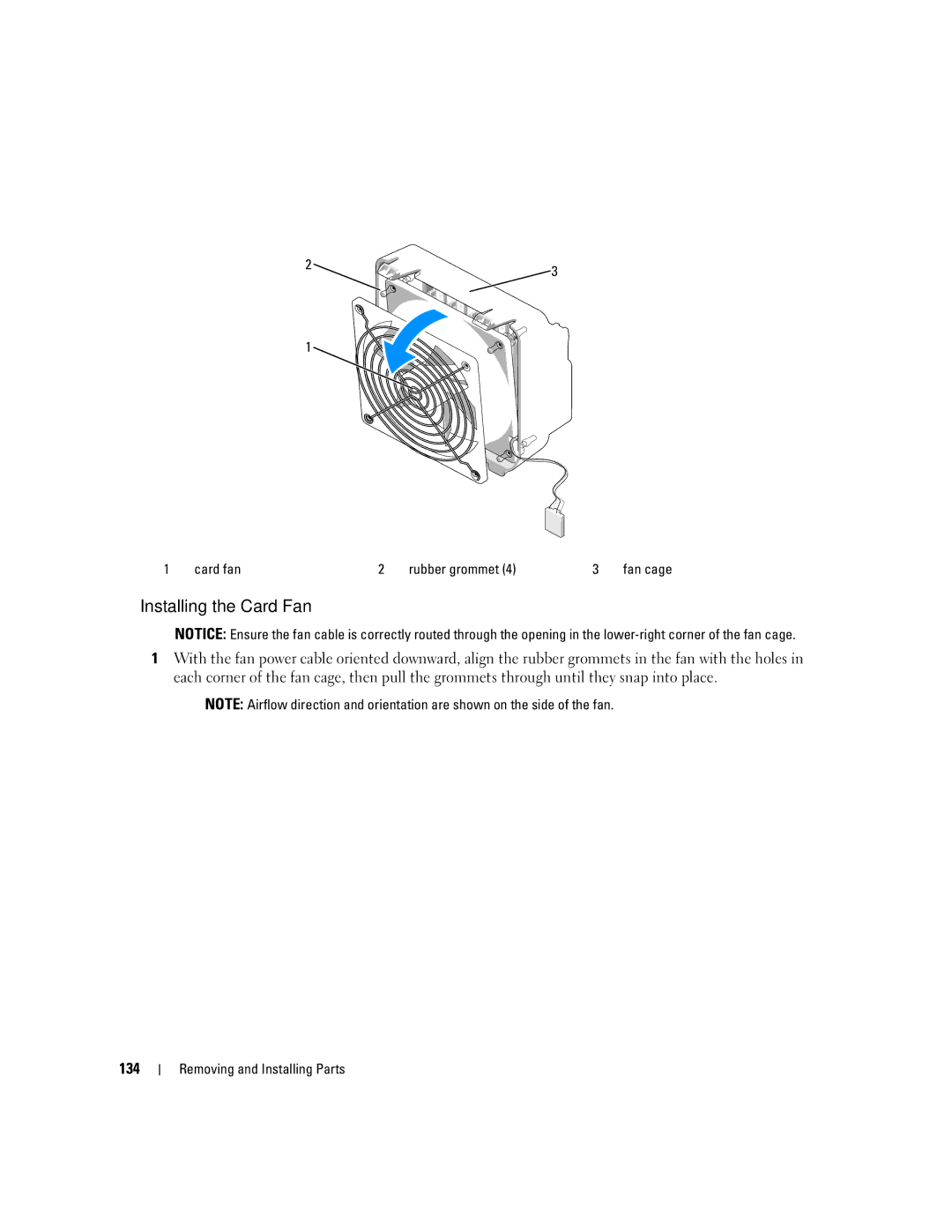 Dell XPS 720 owner manual Installing the Card Fan, 134, Card fan Rubber grommet 