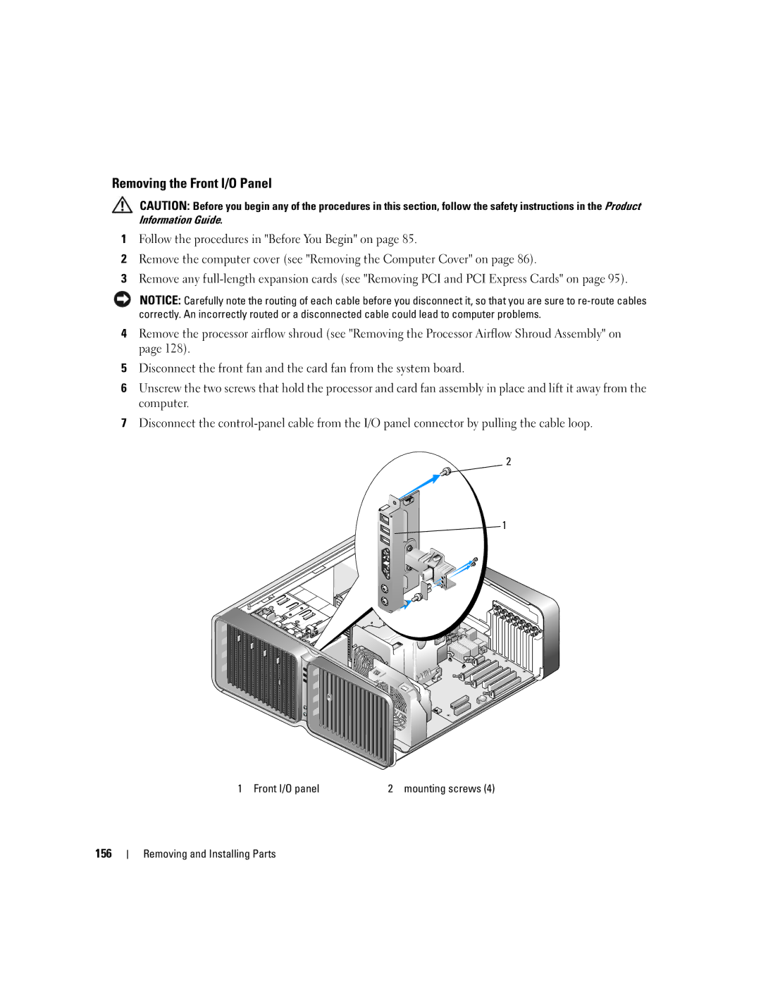 Dell XPS 720 owner manual Removing the Front I/O Panel, 156, Front I/O panel 