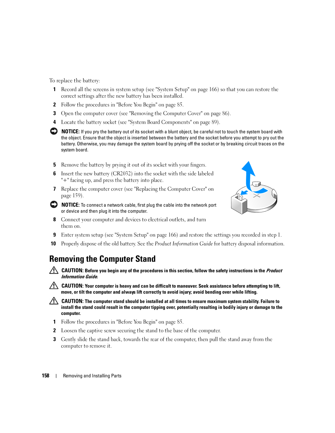 Dell XPS 720 owner manual Removing the Computer Stand, To replace the battery, 158 