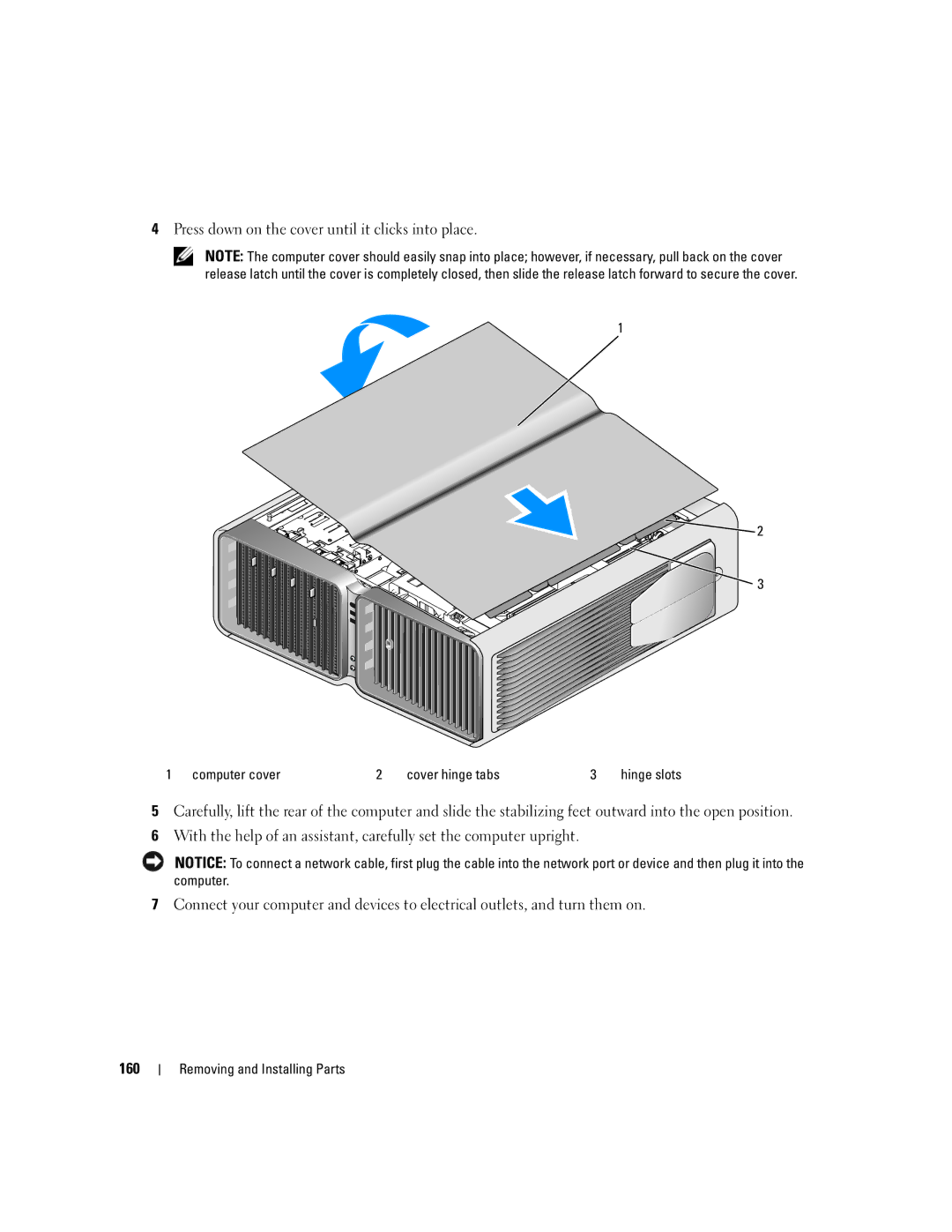 Dell XPS 720 owner manual 160, Computer cover Cover hinge tabs 