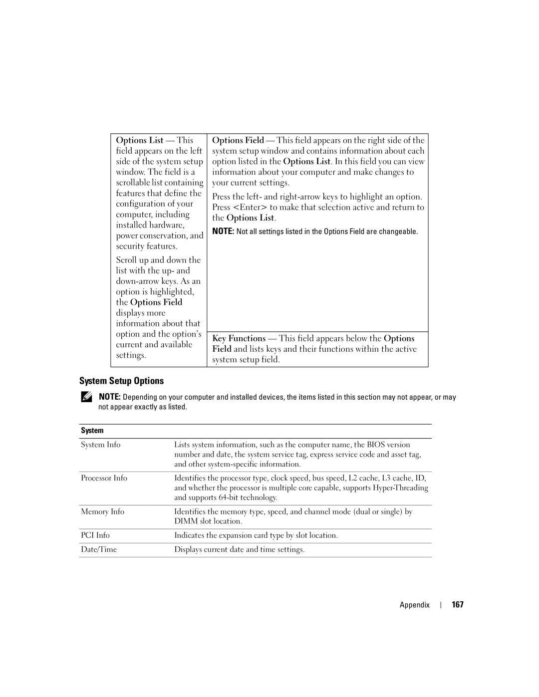 Dell XPS 720 owner manual System Setup Options, 167 