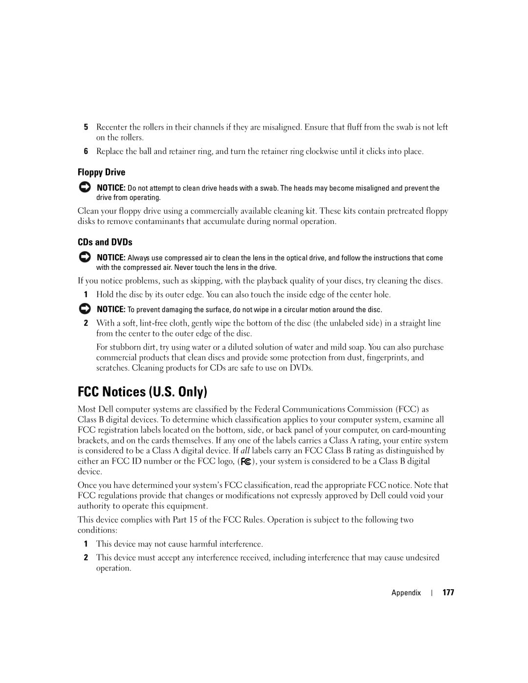 Dell XPS 720 owner manual FCC Notices U.S. Only, Floppy Drive, CDs and DVDs, 177 