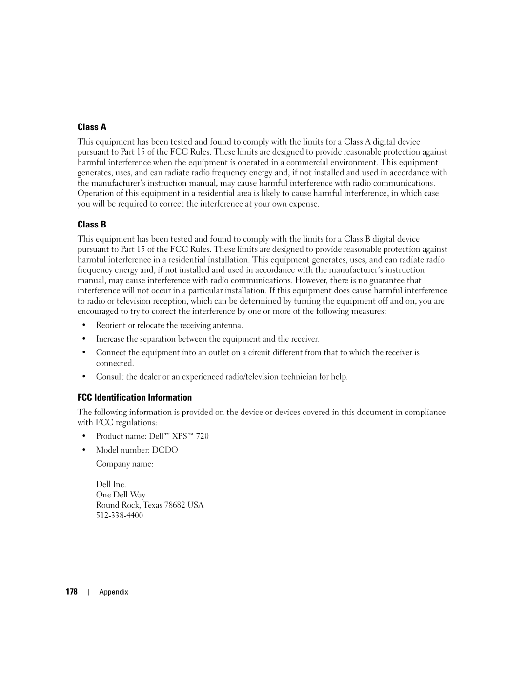 Dell XPS 720 owner manual Class a Class B, FCC Identification Information, 178 