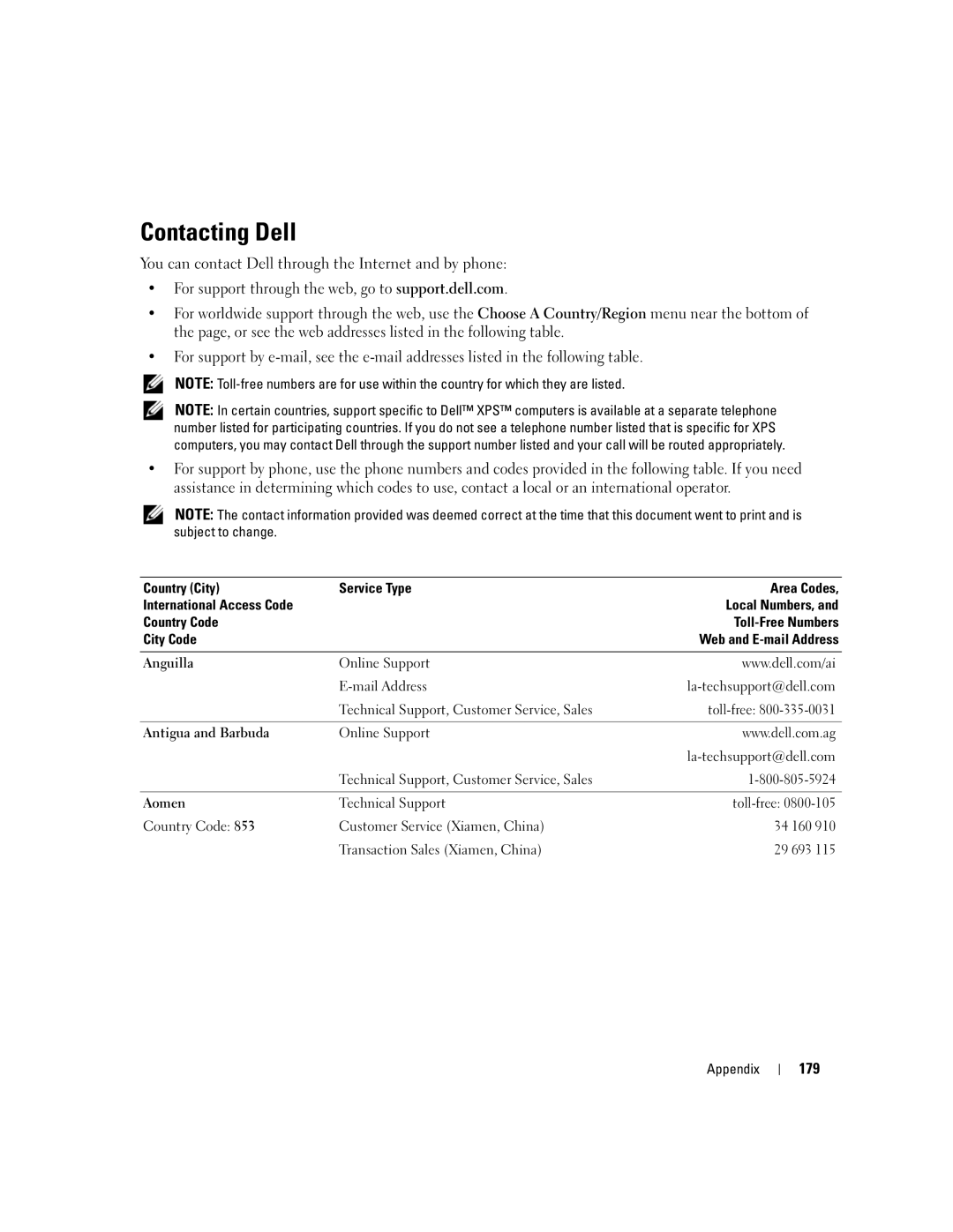 Dell XPS 720 owner manual Contacting Dell, You can contact Dell through the Internet and by phone, 179 