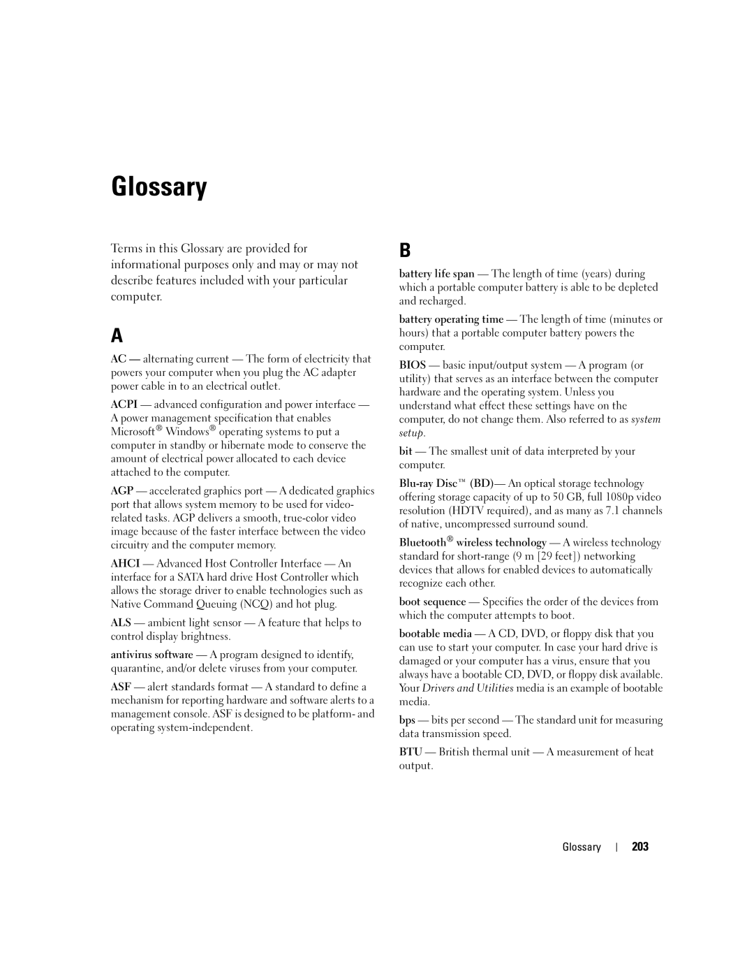 Dell XPS 720 owner manual Glossary, 203 